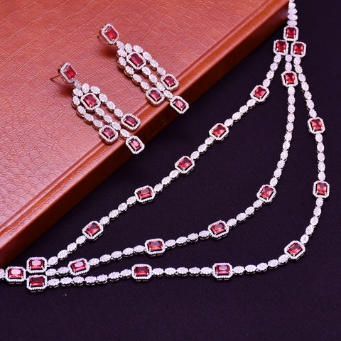 Designer Semi-Precious American Diamond & Ruby Necklace with Earrings (D660)