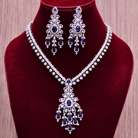 Designer Semi-Precious American Diamond & Blue Color Necklace with Earrings (D667)