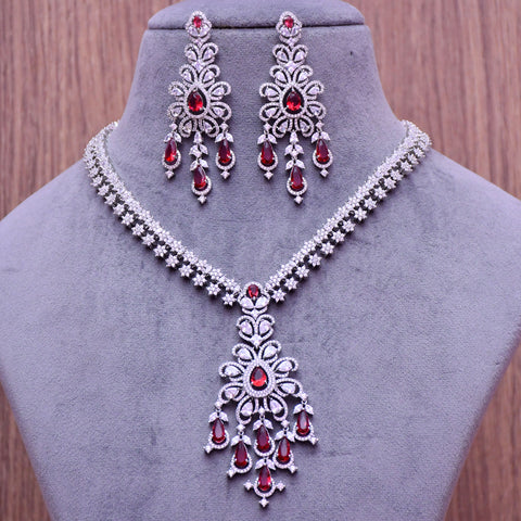 Designer Semi-Precious American Diamond & Ruby Necklace with Earrings (D666)
