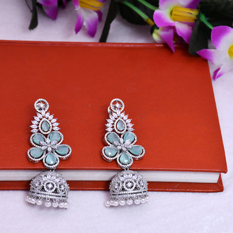 Designer White & Mint American Diamond Jhumka Earrings (E609)