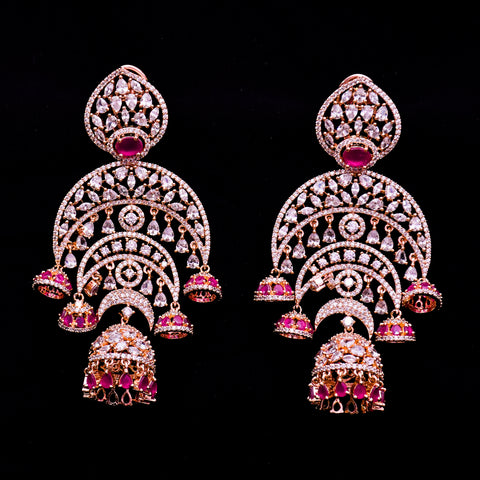 Designer White & Ruby American Diamond Jhumka Styel Earrings (E613)