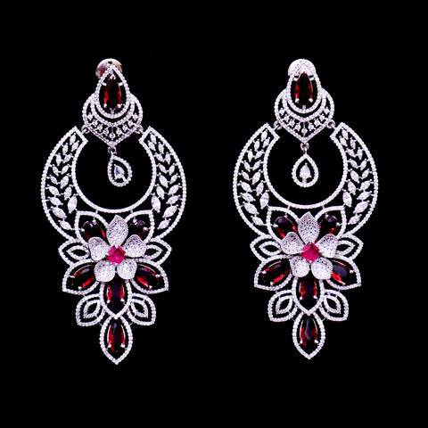 Designer White & Ruby Floral Styel American Diamond Earrings (E615)