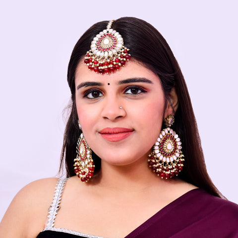 Mirror Work & Red, White Color Beads Dangler Earrings With Mangtikka for Casual Party (E620)