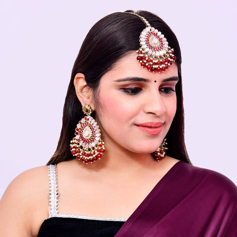 Mirror Work & Red, White Color Beads Dangler Earrings With Mangtikka for Casual Party (E620)