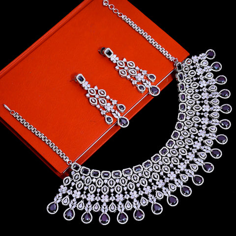 Designer Semi-Precious American Diamond & Black Necklace with Earrings (D608)