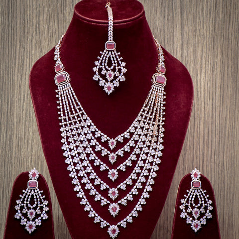 Designer Semi-Precious American Diamond Ruby Long Necklace with Earrings (D609)