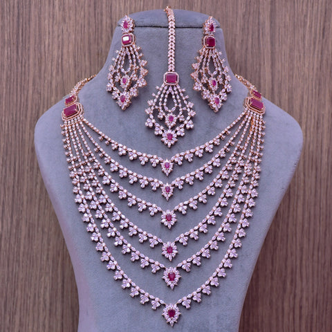 Designer Semi-Precious American Diamond Ruby Long Necklace with Earrings (D609)