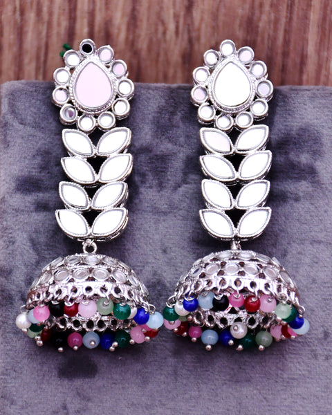 Traditional Style Oxidized Mirror Work Jhumki With Multi Color Beads for Casual Party (E629)