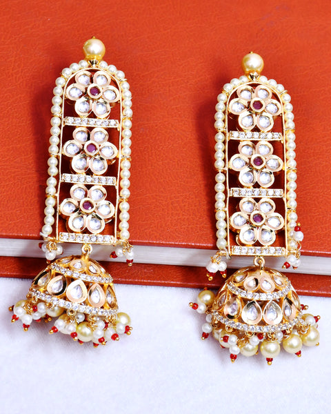 Gold Plated Beautifully Royal Kundan & Ruby Pearl Beaded Long Earrings (E630)