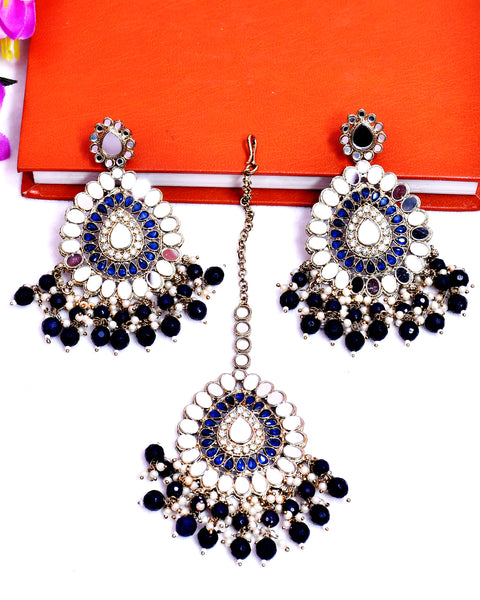 Mirror Work & Dark Blue, White Color Beads Dangler Earrings With Mangtikka for Casual Party (E624)