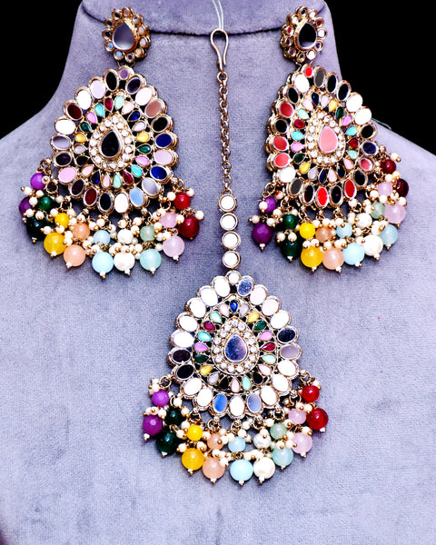 Mirror Work & Multi Color Beads Dangler Earrings With Mangtikka for Casual Party (E623)