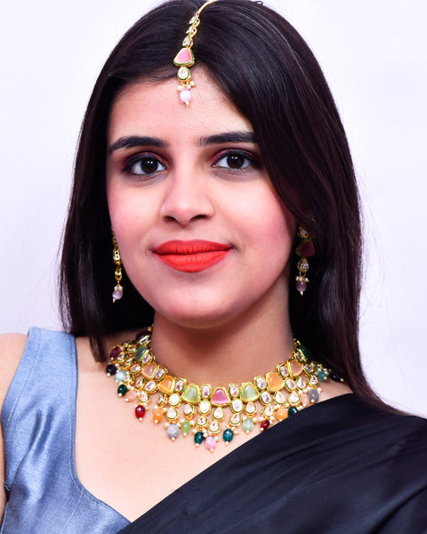 Designer Gold Plated Royal Kundan Multi Color Necklace & Earrings (D633)