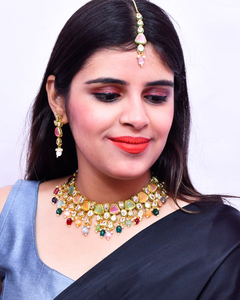 Designer Gold Plated Royal Kundan Multi Color Necklace & Earrings (D633)