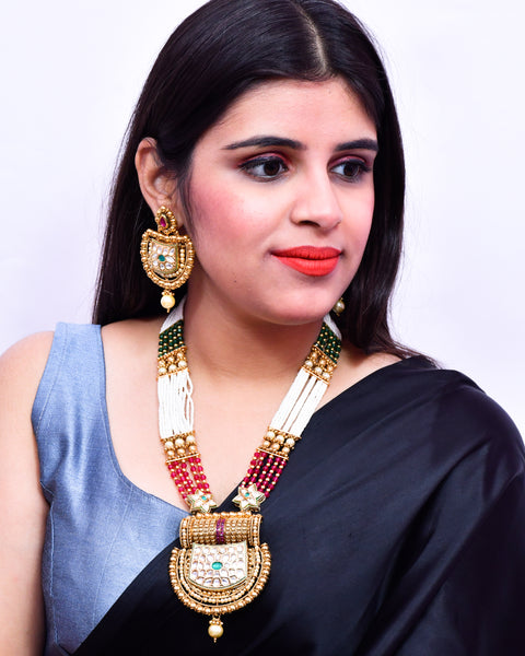 Designer Gold Plated Royal Kundan Multi Color Beads Pendant Set (D641)