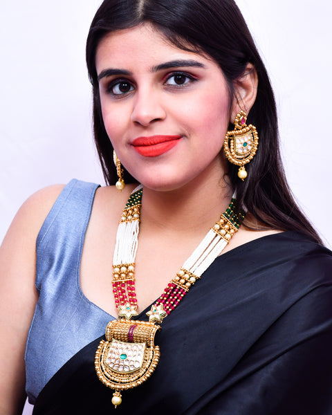 Designer Gold Plated Royal Kundan Multi Color Beads Pendant Set (D641)