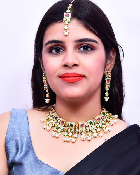 Designer Gold Plated Royal Kundan Ruby & Emerald Color Necklace With Earrings (D638)