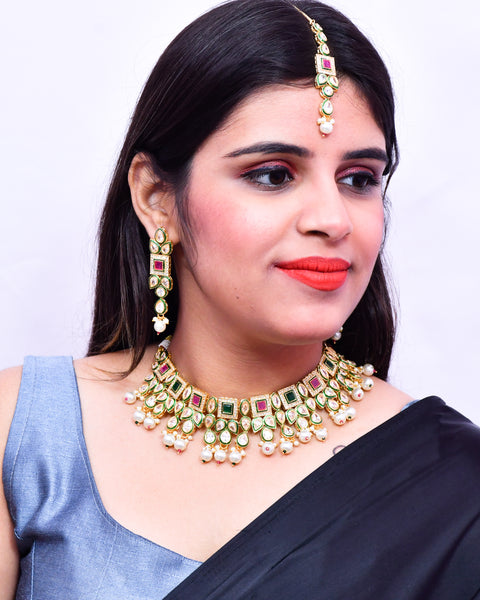 Designer Gold Plated Royal Kundan Ruby & Emerald Color Necklace With Earrings (D638)