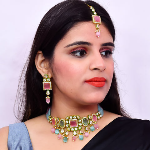 Designer Gold Plated Royal Kundan With Multi Color Necklace & Earrings (D611)