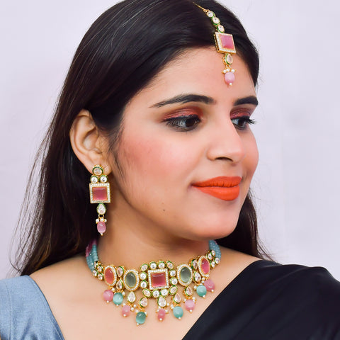 Designer Gold Plated Royal Kundan With Multi Color Necklace & Earrings (D611)