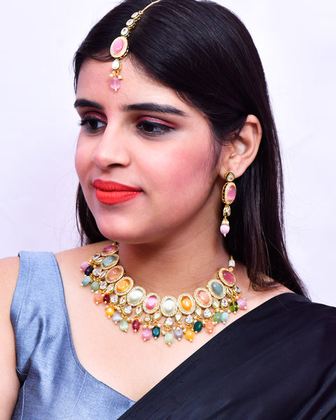 Designer Gold Plated Royal Kundan Multi Color Necklace & Earrings (D639)