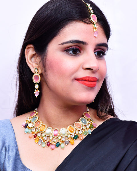Designer Gold Plated Royal Kundan Multi Color Necklace & Earrings (D639)