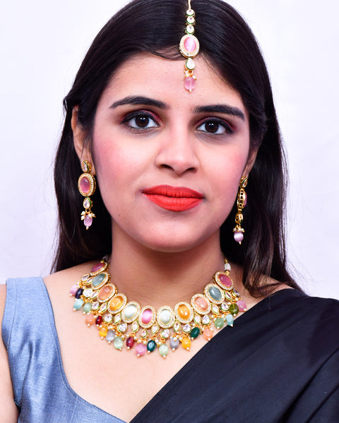 Designer Gold Plated Royal Kundan Multi Color Necklace & Earrings (D639)