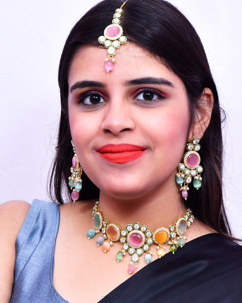 Designer Gold Plated Royal Kundan Multi Color Necklace & Earrings (D637)