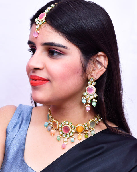 Designer Gold Plated Royal Kundan Multi Color Necklace & Earrings (D637)