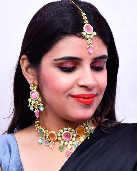 Designer Gold Plated Royal Kundan Multi Color Necklace & Earrings (D637)