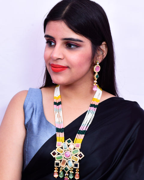 Designer Gold Plated Royal Kundan Multi Color Long Necklace With Earrings (D640)