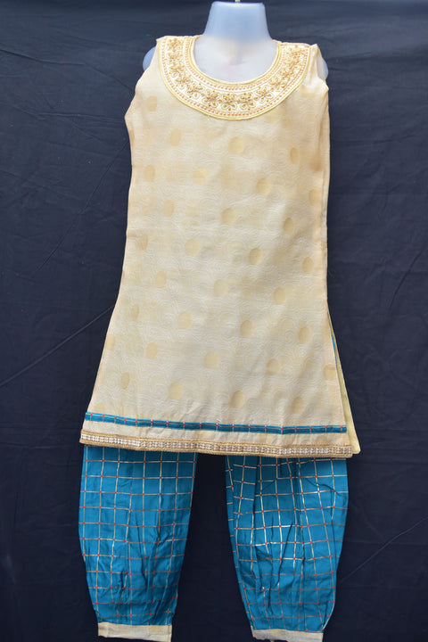 Girls' Cream Blue Kurti and Sharara with Embroidery Work - PAAIE