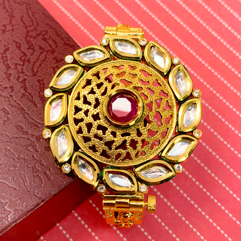 Gold Plated Kundan Openable Bracelet (Design 10) - PAAIE