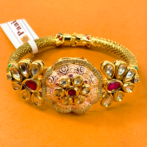 Gold Plated Kundan Openable Bracelet (Design 12) - PAAIE