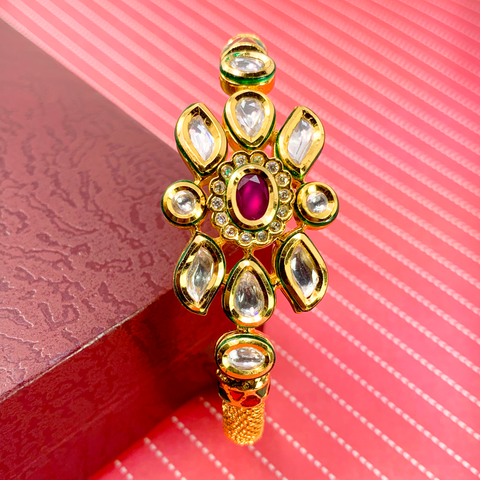 Gold Plated Kundan Openable Bracelet (Design 20) - PAAIE