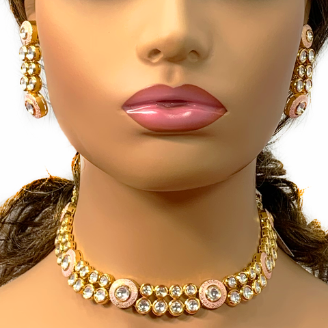 Gold Plated Double line Baby Pink Kundan Set - PAAIE