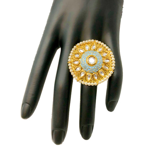 Adjustable Gold Plated Kundan Ring (D7) - PAAIE