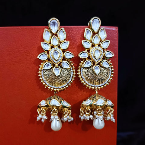 Gold Plated Beautifully White Beaded Kundan Earrings (E304)