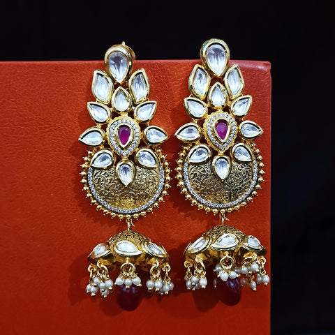 Gold Plated Beautifully White & Red Beaded Kundan Earrings (E305)