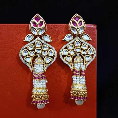 Gold Plated Beautifully White & Red Beaded Kundan Earrings (E309)