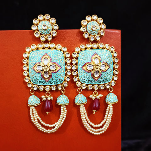 Gold Plated Beautifully White,& Red Beaded Kundan Earrings (E314)