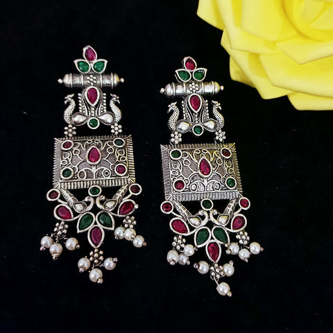 Traditional Style Oxidized Earrings with Semi-Precious Stones for Casual Party (E323)