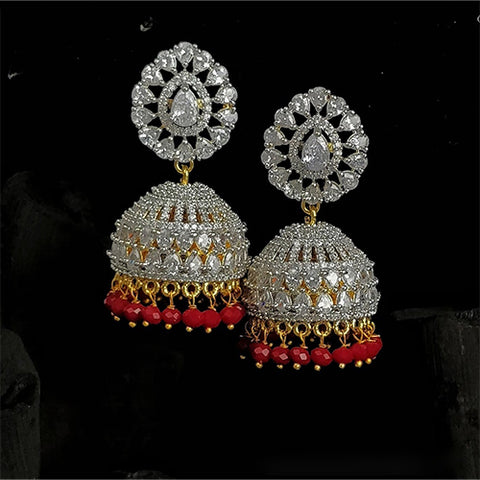 American Diamond Jhumki Style Earrings With Red Color Stone (E667)