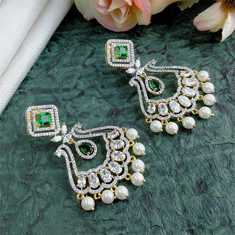 Green Stone Silver American Diamond Contemporary Earrings With White Pearl (E668)