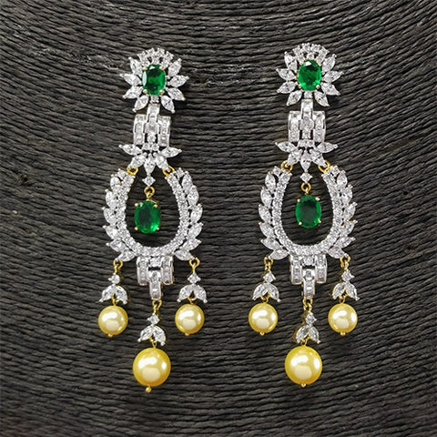 Green Color Stone American Diamond Contemporary Earrings With White Peral (E675)