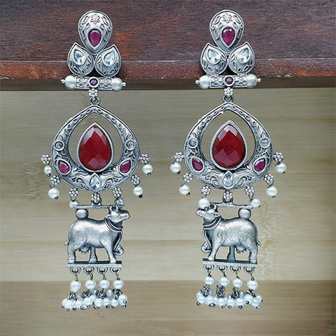 Oxidized German Silver Long Earrings With Red Stone (E677)