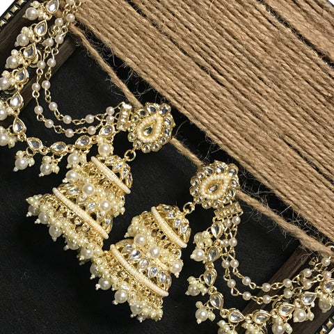 Gold-Plated Handcrafted Kundan Studded Jhumka With Beautiful Pearl Ear Chain (E699)