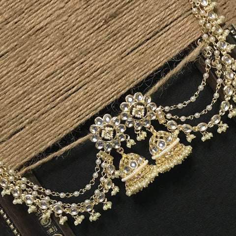 Gold-Plated Handcrafted Kundan Studded Jhumki With Beautiful Pearl Ear Chain (E700)