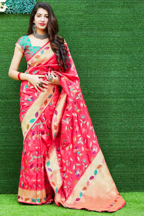 Banarasi Silk Designer Red Pink and Golden Saree - PAAIE