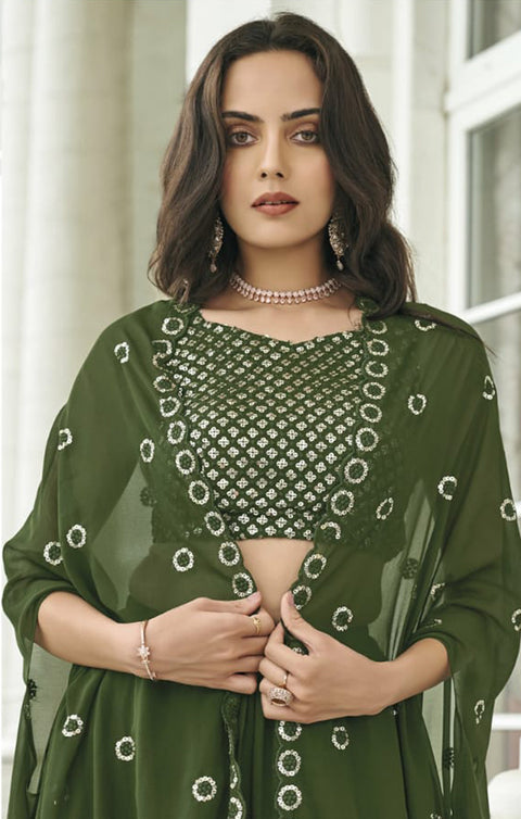 Designer Mehandi Green Georgette Stylish Indo-Western Readymade Lehenga (D855)