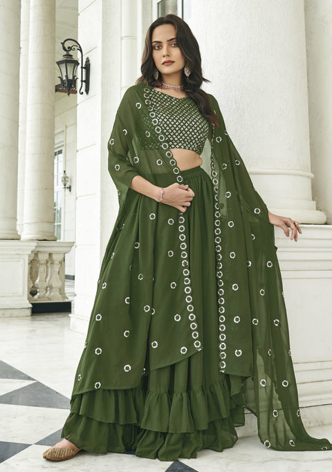 Designer Mehandi Green Georgette Stylish Indo-Western Readymade Lehenga (D855)